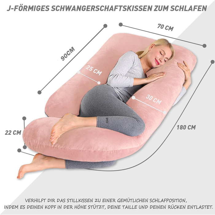 Подушка для вагітних CALIYO J-подібної форми, XXL, з бавовняною оббивкою, 180x70 см (світло-рожевий)