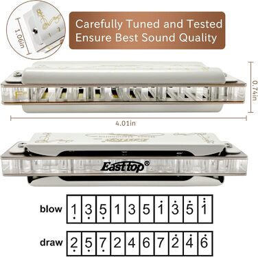 Гармоніка блюзова діатонічна East Top T008L, C Key (10 отворів) для професіоналів та початківців