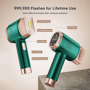 Пристрій для епіляції IPL, лазерний епілятор з 9 рівнями потужності, 600 нм червоне світло, LCD-сенсорний екран, для жінок та чоловіків, обличчя, бікіні-зона, тіло, зелений