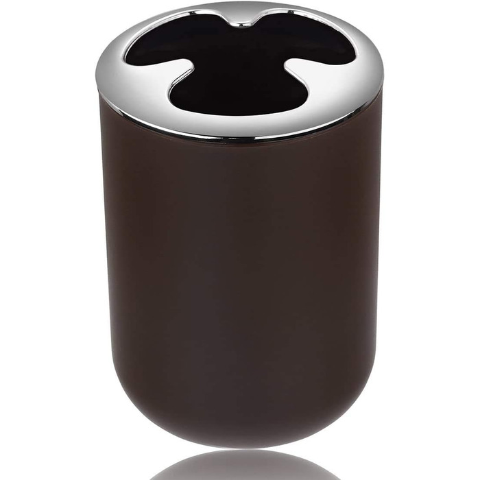 Комплект аксесуарів для ванної кімнати на 6 предметів з пластику, коричневий. Набір для ванної: дозатор для мила, тримач для зубних щіток, стакан, мильниця, щітка для унітазу, сміттєвий бачок.