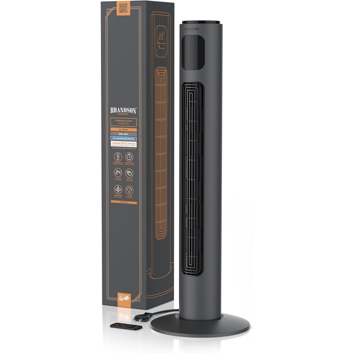 Brandson ECO Tower Fan - Silent DC Motor, 12 Speed, Remote Control, Timer, Energy Efficient, Cool Grey