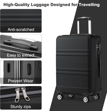 KONO Валіза-роликовий багаж середнього розміру 24 дюйми, ABS, з TSA-замком, 4 колеса, 65×44×25.5 см, Кремово-білий (Чорний, 3-частинний набір)