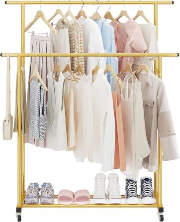 Clothes rack with double bar, rolling clothes rack, portable clothes rack for bedroom, living room, clothing store, gold