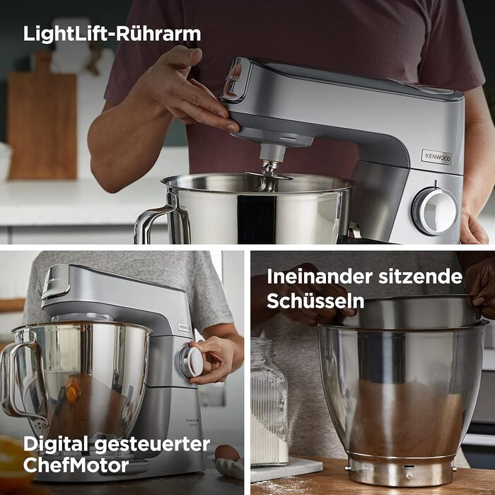 Кухонний комбайн Kenwood Titanium Chef Baker XL KVL85.424SI з вагою, 2 чашами, 1200 Вт, 4 насадки для випічки, скляний блендер, подрібнювач, сріблястий