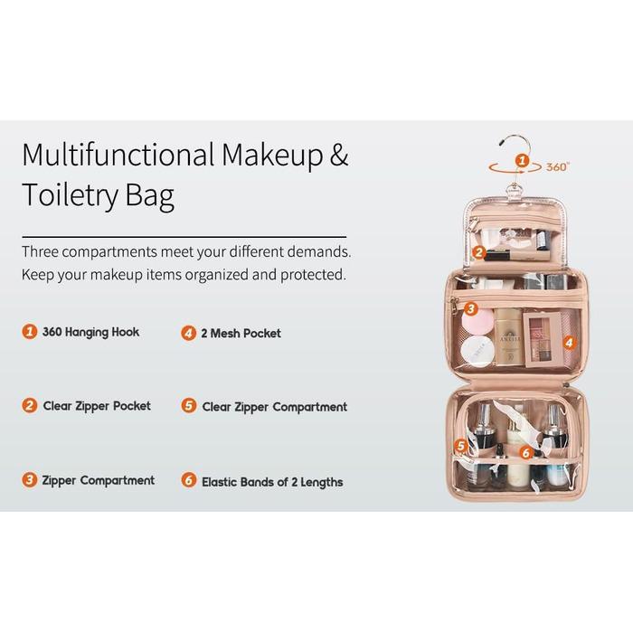 Сумка-органайзер для косметики та туалетних аксесуарів, дорожня косметичка на блискавці (рожеве золото)