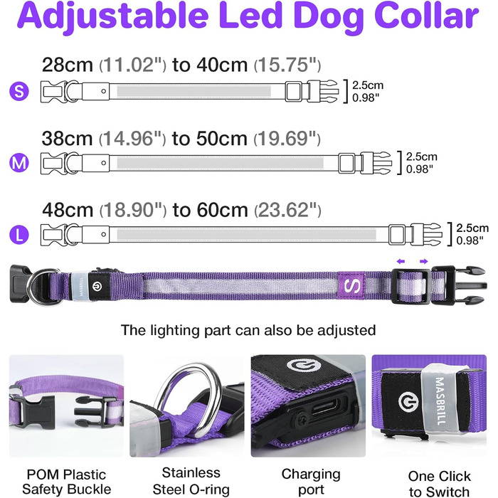 Світлодіодне нашийник для собак MABRILL, перезаряджається, водонепроникний, 3 режими світла, для малих, середніх та великих собак, колір: фіолетовий (L)