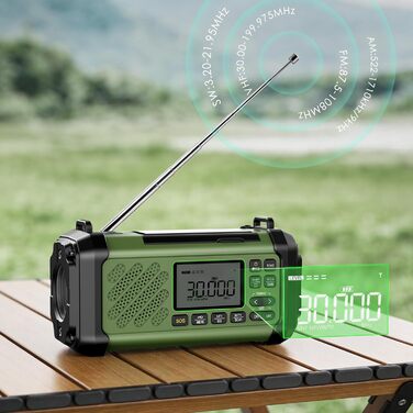 Радіо на механічній ручці Vikeri 12000mAh з сонячною панеллю, AM/FM/SW, LED ліхтарик, SOS сигнал, компас, USB-C зарядка для телефону, портативне радіо для надзвичайних ситуацій (Зелений)