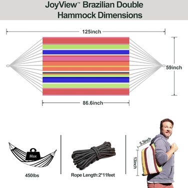 Гамак подвійний бразильський JoyView з мотузками, 220x150 см, бавовна, смугастий, для тераси, саду та дому