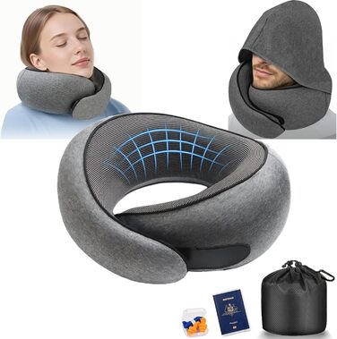 Подушка для шиї з регульованою капюшоном та 360° підтримкою шиї | Ергономічна подушка з піною з пам'яті для подорожей (літак, авто) | З чохлом та берушами | Дихаюча та пральна (темно-сіра)