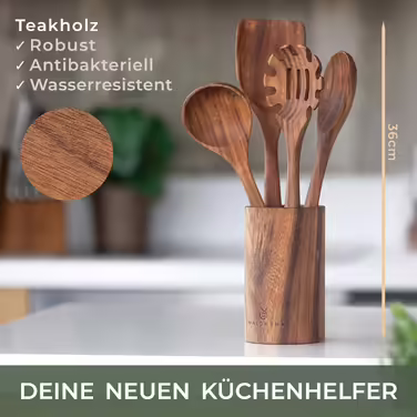 WALDWERK Kitchen Helper Set made of Teak Wood - 4-Piece Cooking Spoon Set with Spatula, Wooden Spoon, Pasta Server, and Holder - Wooden Cooking Spoon - Wooden Spatula - Cooking Utensil Set