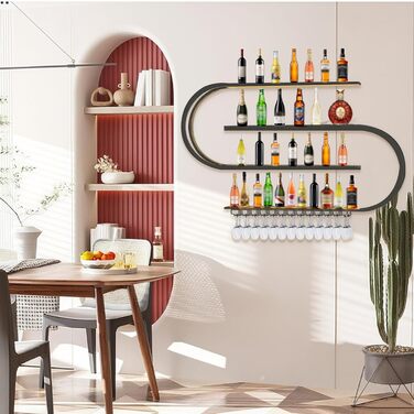 Настінна вітрина для вина, напівкругла багатоярусна з тримачами для келихів, металева, для кухні, бару, кафе (без лампочок) (Чорний, 150 * 20 * 120 см)