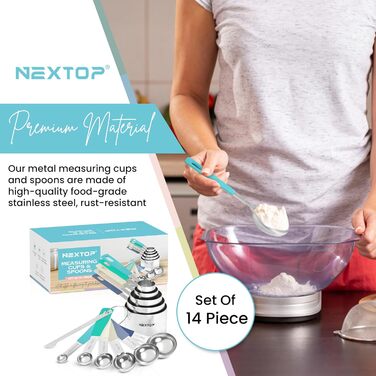 Nextop 14-Piece Stainless Steel Measuring Cup and Spoon Set with All Stackable Sizes and Levelers for Dry Ingredients, Complete Set for Kitchen & Baking Measuring Tools (Aqua Sky Blue Set)