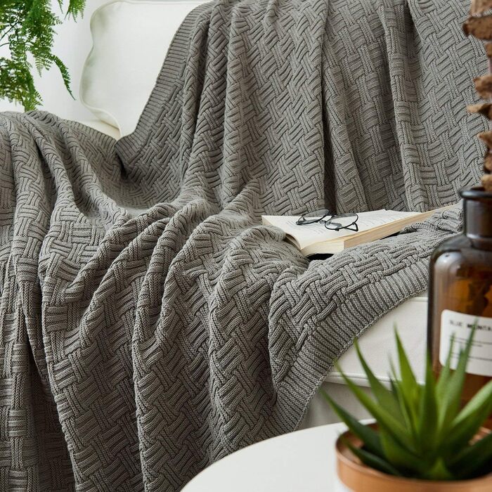 Бавовняна ковдра Longhui з в'язаним візерунком, 127x152 см, для дивану, крісла, ліжка, пляжу, декору дому, сіра ковдра, подарунковий мішечок