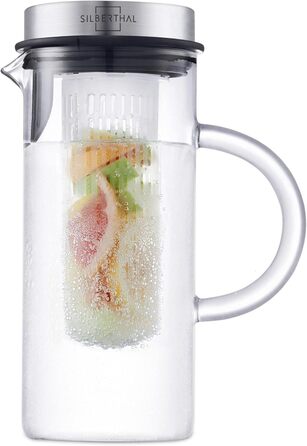 SILBERTHAL Glass Carafe with Lid - 1 Liter Carafe with Fruit Strainer - Dishwasher Safe & Heat Resistant