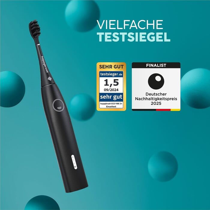 Електрична звукова зубна щітка happybrush® Eco Vibe 3 - Тест-переможець - 100 днів тестування. В комплекті 4 насадки. Чорний колір.