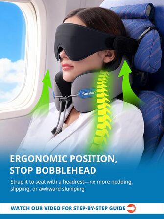 Подушка для шиї у літак Travel Pillow, подушка для подорожей з ременем та 3D-маскою для сну, Memory Foam, чорна