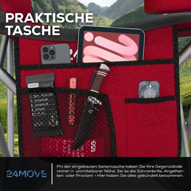 Складний туристичний стілець 24MOVE® для кемпінгу та відпочинку на природі (150 кг), з підлокітниками, кишенею для напоїв та сумкою, червоний
