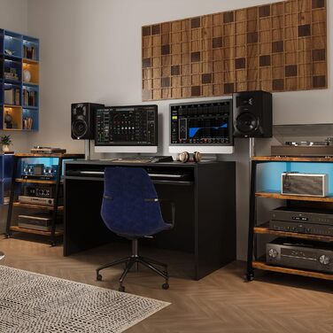 Hi-Fi тумба з колесами для програвача, з розетками, LED підсвіткою, дерев'яний медіа-стійка для аудіо, стерео, TV, 60x52x78 см