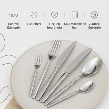Набір столових приборів 36 предметів з нержавіючої сталі 18/0 на 6 осіб, сріблястий: ножі, виделки, ложки, ніж для стейка, виделка для торта, для повсякденного використання та прийому гостей, безпечні для посудомийної машини