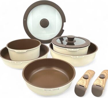 Набір посуду Royal Swiss 9-ти частинний з нержавіючої сталі, індукційний, з 2 ручками, для всіх плит - Бежевий Діамант (без PFOA, PFAS)
