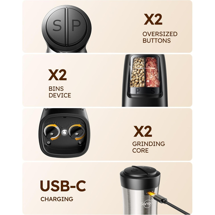 Sangcon електрична млинка 2 в 1 для солі та перцю, USB зарядка, автоматична одноручна, підсвітка, керамічний механізм