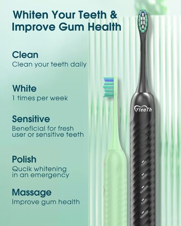 Електрична зубна щітка для дорослих з 6 насадками, перезаряджувана звукова щітка, чорна (1 шт.)