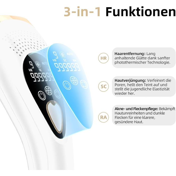 Пристрій для епіляції IPL з охолодженням 6°C, безболісна епіляція для тіла та обличчя, 999,900 імпульсів, 9 рівнів потужності, білий