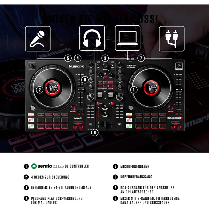 Numark DJ Pro Paket Platinum FX: DJ контролер з 4-дековим управлінням, аудіоінтерфейсом, дисплеями Jogwheel та ефект-педами, HF175 навушники (40 мм драйвер)