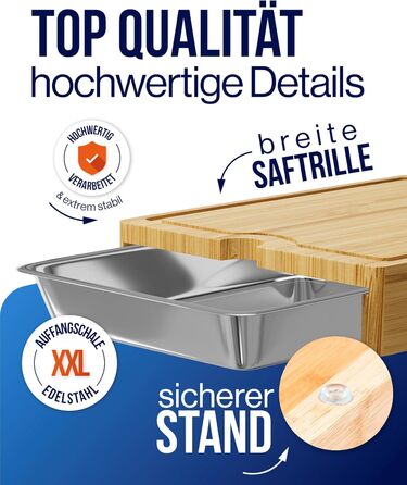 HaushaltsFuchs® Premium 100% FSC® Bamboo Cutting Board with Large Catch Basin, Phone Holder & Juice Groove – XXL Wooden Cutting Board with Stainless Steel Catch Basin - Cutting Board with Tray/Bowl (non-slip)