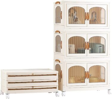 Foldable Kitchen Cabinet 98cm Storage Cabinet with 3 Doors and Wheels, Kitchen Cabinet for Living Room, Kitchen, Office, Large White