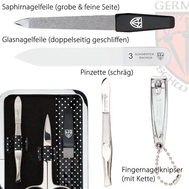 Набір для манікюру Drei Schwertter 'Genova' 6 предметів | Чорний лакований шкірозамінник з крапками | Ніж для нігтів, ножиці для кутикули, кусачки для нігтів, скляна пилка для нігтів, пінцет, алмазна пилка для нігтів