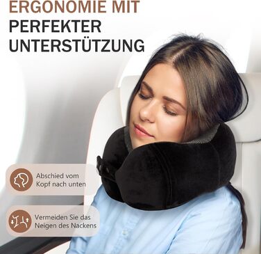 Подушка для шиї у літак, доросла, з піною з пам'яті, регульована, з маскою для сну та берушами, чорна