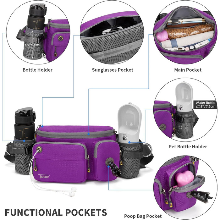 Сумка на пояс для прогулянок з собакою TUDEQU, велика, водостійка, для чоловіків та жінок, підійде для хайкінгу, подорожей, велоспорту та тренувань (фіолетовий)