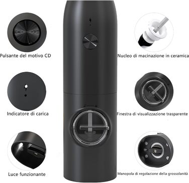 Електричні соляні та перечні млини IraXpro 2 шт. з акумуляторною основою, LED-підсвіткою, щіткою, керамічним жорном, регулюванням помелу, для барбекю, кухні, ресторану (сріблястий, чорний)