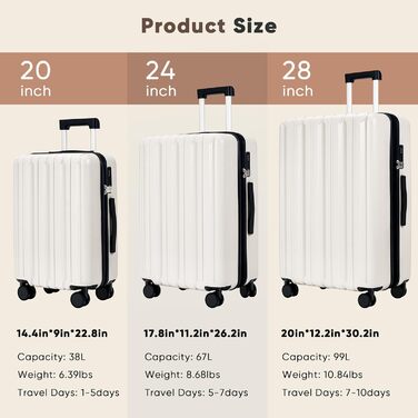 Набір валіз Showkoo з трьох частин (M, L, XL) з жорстким корпусом, розширюваний, легкий, з полікарбонату, білий. З TSA замком та 360° колесами.