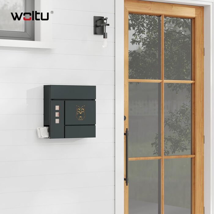Поштова скринька WOLTU XXL з газетницею, оглядовим вікном, замком та 2 ключами, антрацит+жовтий (10,5x37x37 см)