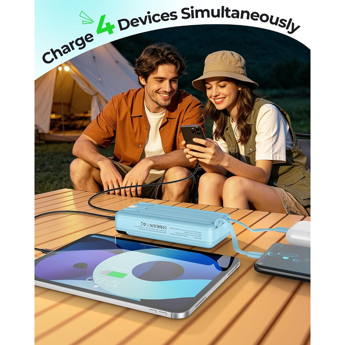 Power Bank Enerwow 27000mAh з USB-C кабелем, 4 порти, LED-дисплей, для iPhone та інших пристроїв (P300C, Синій)