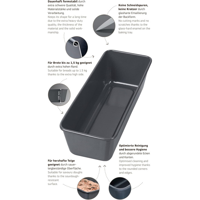 Original Kaiser La Forme Plus Loaf Pan 35 cm, Loaf Pan for 1500g Bread, Enamel Base, Loaf/Cake Pan, Coated, Sourdough-Resistant, Black