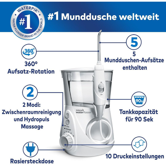 Waterpik Ultra Professional: Іригатор для порожнини рота, тестування 2024, технологія Precision Pulse, сертифікат TÜV, видалення нальоту до 99,9%, 6 насадок, 10 режимів, таймер, білий