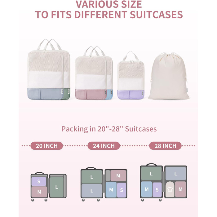 Набір органайзерів для валізи Narwey (6 шт.) - кубики для пакування з компресією, бежевий. Організація подорожей та зручне пакування речей.