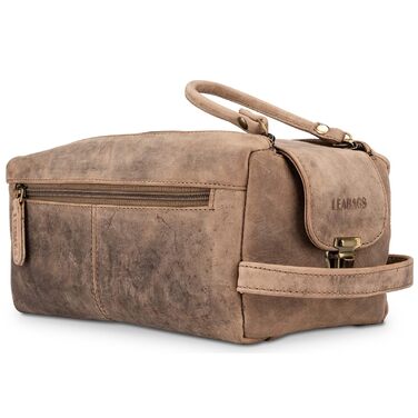 LEABAGS Преміум дорожній косметичний набір з натуральної шкіри для жінок та чоловіків | Культиватор | Vanity Case | Мийний мішечок (Palm Bay, Вінтажний сіро-коричневий)