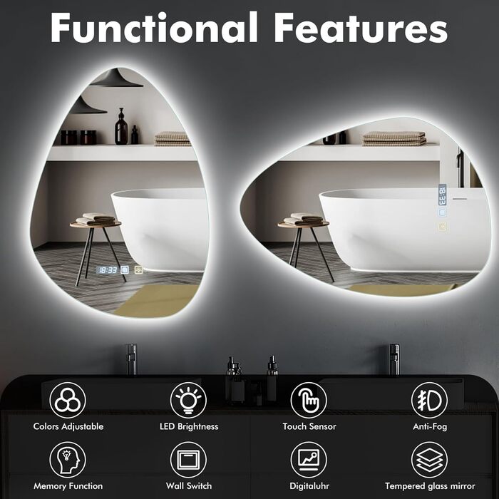 Круглий дзеркало для ванної кімнати з LED-підсвічуванням, 60 см, функція запобігання запотіванню, сенсорне управління & Bluetooth, регулювання яскравості, 3000K/4000K/6500K, HD-загартоване скло, дзеркало для ванної кімнати зі світлом (500*700 мм - крапель