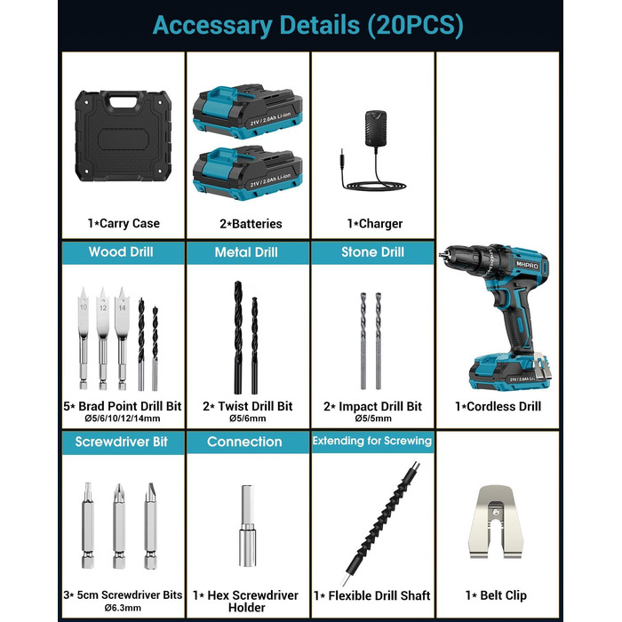 Акумуляторний шуруповерт MHPRO 21V з 2 акумуляторами 2.0Ah, 42Nm, 25+3 ступені крутного моменту, LED, 10мм патрон, 14-ти частинний набір для дому та саду