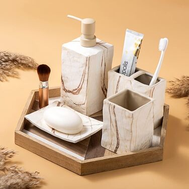 Набір аксесуарів для ванної кімнати керамічний 4 предмети в ретро стилі, коричневий мармур - мильниця, дозатор для мила, стаканчик для зубних щіток