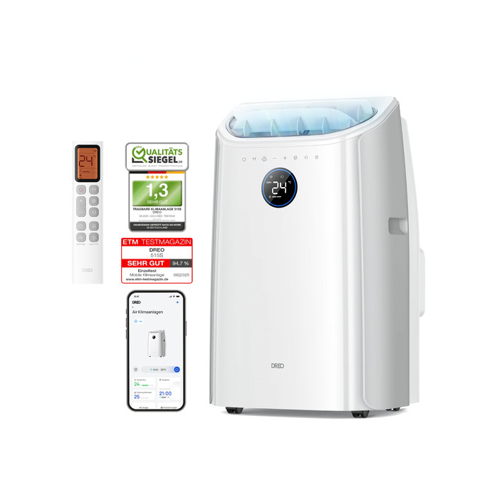 Мобільний кондиціонер Dreo 10000 BTU з охолодженням без дренажу, керуванням через додаток/голос/пульт, таймером 24 год та функцією вентилятора/зневожувача, AC515S