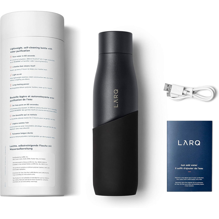 LARQ Movement PureVis 950ml – UV Self-Cleaning Stainless Steel Bottle with Silicone Sleeve | Lightweight, Impact-Resistant, Keeps Water Cool | Fitness, Running & Outdoor Activities, Black/Onyx