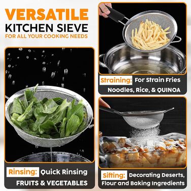 Набір сит Jojeys 3 шт. різних розмірів - металеві сита з нержавіючої сталі, дрібний фільтр - кухонне сито з нержавіючої сталі для приготування їжі, випічки - безпечне для миття в посудомийній машині (20 см з гумовою ручкою)