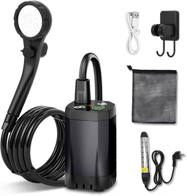 Портативний душ Campingdusche 6000 mAh з насосом, шланг 200 см, для кемпінгу, саду, авто, тварин, пляжу, подорожей (Чорний)