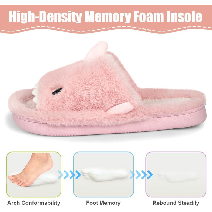 Тапочки жіночі OFFCUP Fuzzy, з відкритим носком, у вигляді акули, антиковзкі, м'які, зручні, з піною Memory, з хутром, для дому та вулиці (42/43 Рожеві)