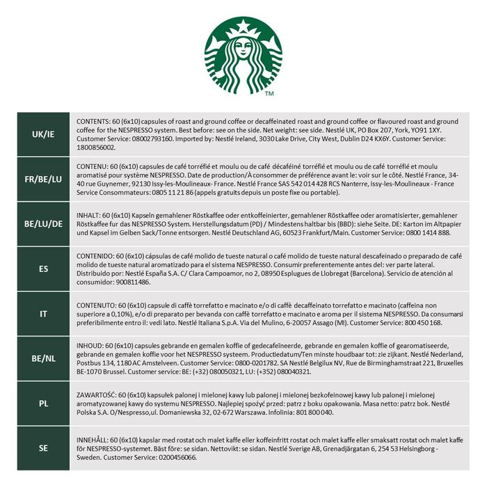 Капсули для кави Starbucks Italian Style Roast сумісна з Nespresso, темна обсмажка, капсули 6 x 10 (60 капсул) 10 г (6 шт.)